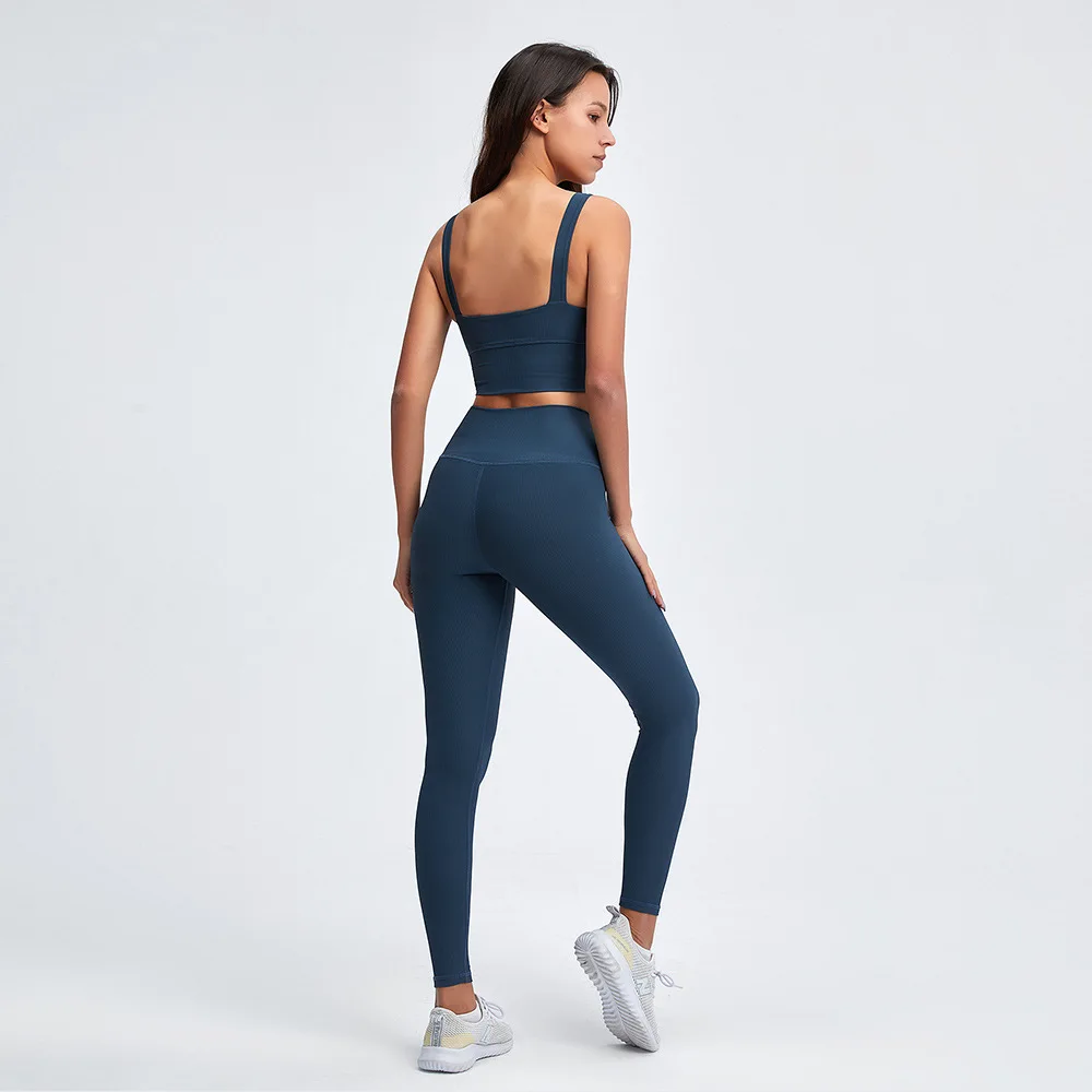 

Good Quality Deep U Neck Sleeveless Elastic Sport Bra And Leggings Yoga Set seamless workout leggings suit, Light yellow+light blue+light brown+grey blue