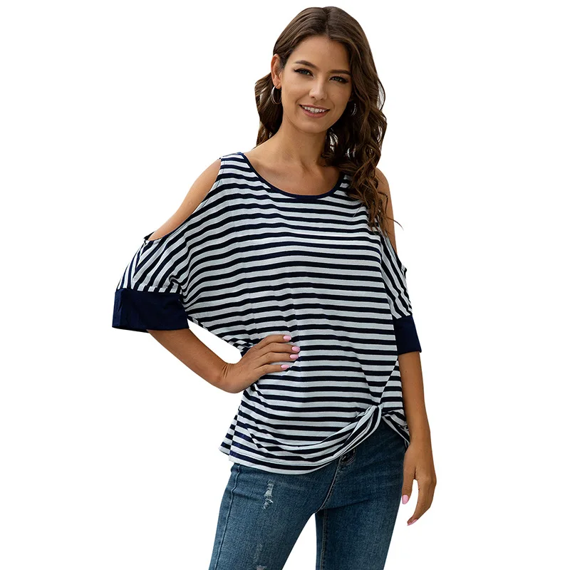 

Women Summer Round Neck Twist Knot T- Shirt Stripe Tops Blouse, Photo show