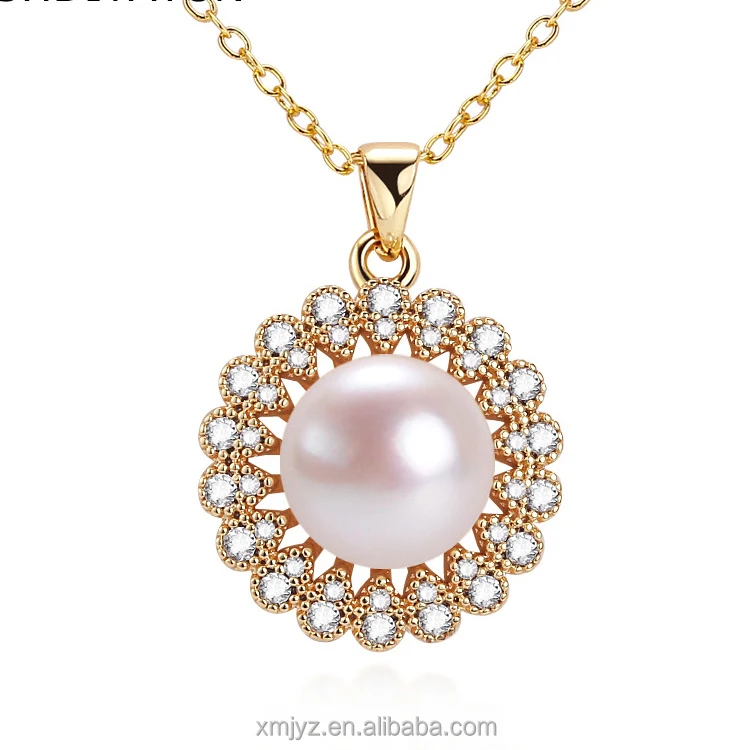 

Certified New Boutique Craft Zircon Natural Freshwater Pearl Necklace Round Pearl Pendant 18K Gilded