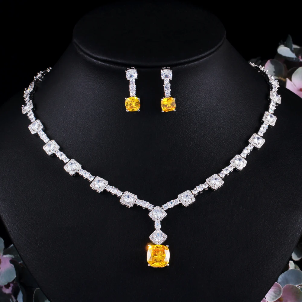 2 Pcs Shiny White Yellow Square CZ Collocation Necklace and Earrings Luxury Evening Party Dress Bridal Jewelry Set for Women