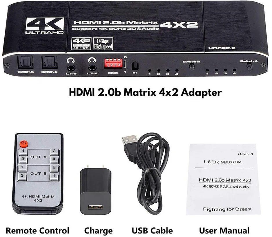 Support Ultra 4K HDR,4Kx2K@60Hz HDMI Matrix 4x2 1080P,HDMI 2.0b 4K HDMI Matrix Switch 4 in 2 Out Switcher Splitter Box with EDID Extractor and IR Remote Control HDCP 2.2 3D