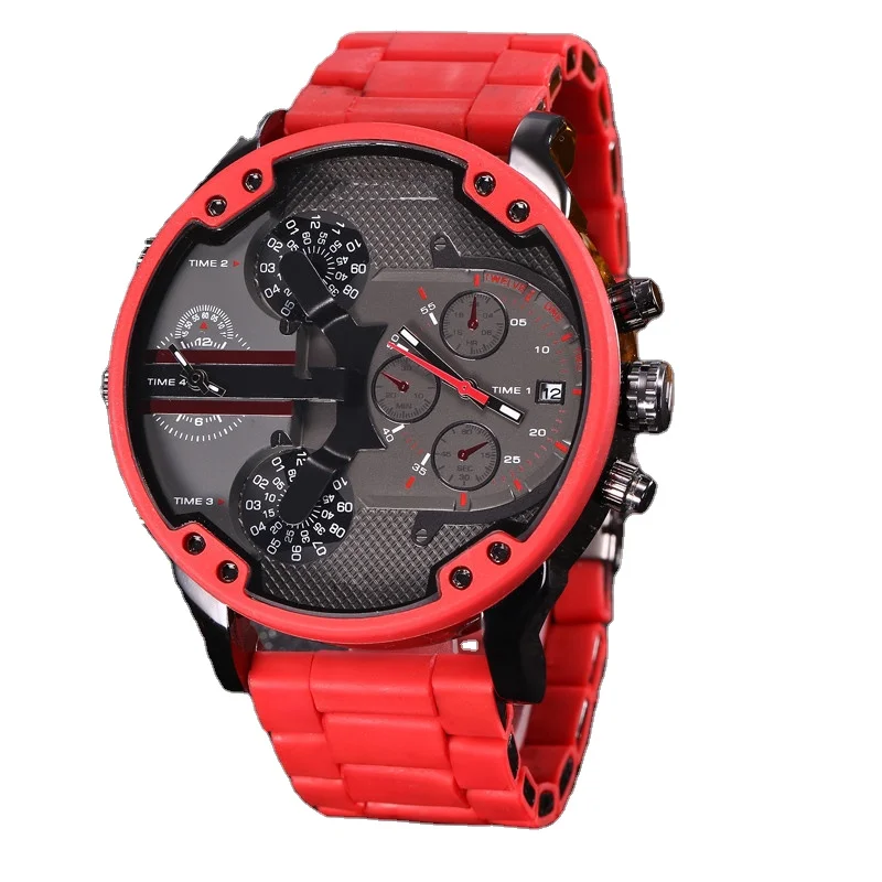 

Brand Dual Time Display Business Watches Large Dial for Men Red Steel Strip Sport Quartz Chronograph Watch Dz Style 7370