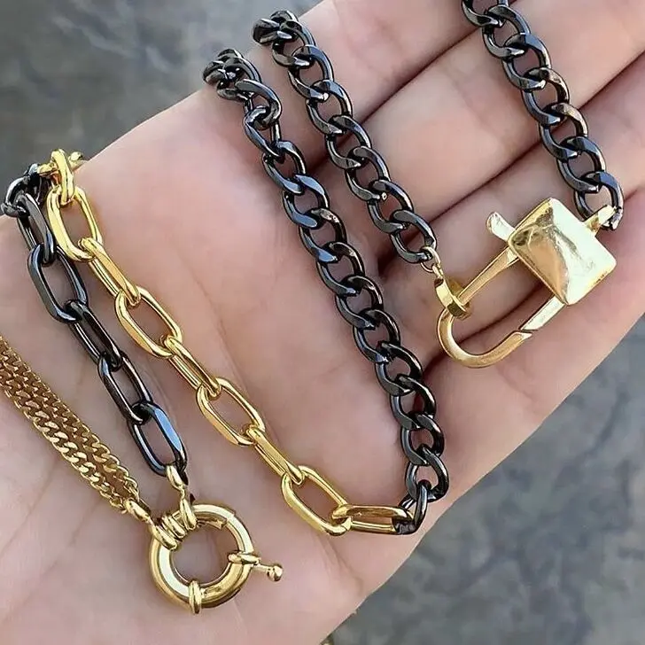 

LS-A2905 ins hot black/gold plated cuban chain necklace choker,punk lock charm pendant necklace jewelry, As is
