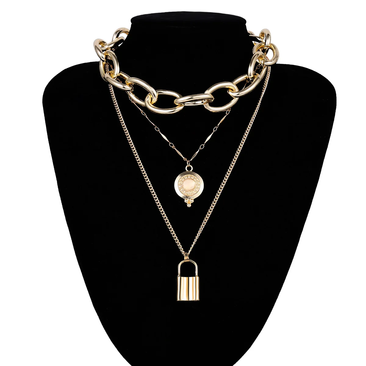 

European and American big size lock pendant 3 layers women fashion luxury necklace