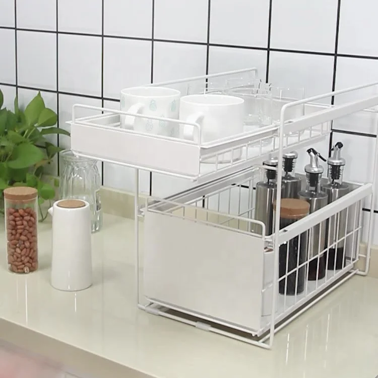 

Home metal double layer can be pushed and pulled kitchen storage containers Bathroom Storage Rack, White and black