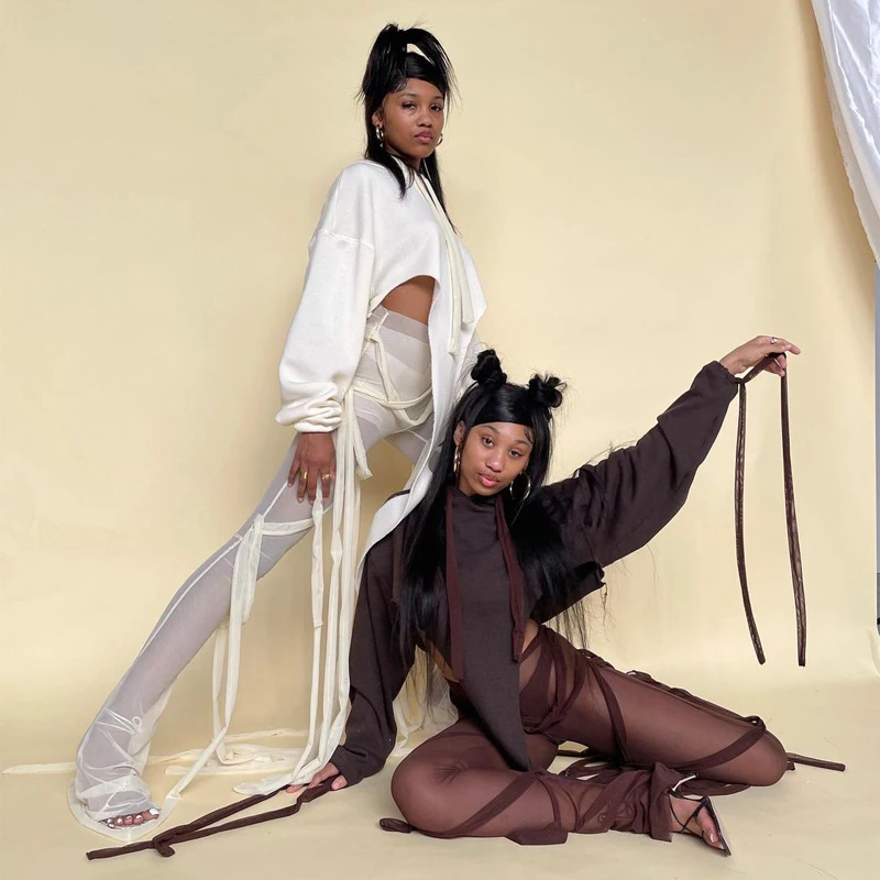 

2020 Unique Design High Waist See Through Mesh Pants Autumn Women Stylish Bandage Various Streetwear High Quality Trousers, Brown,white