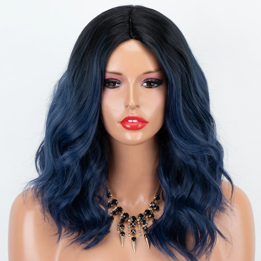 

Aliblisswig Natural Looking Dark Root Ombre Blue Short Wavy Bob Middle Part Heat Friendly Fiber Hair None Lace Synthetic Wigs