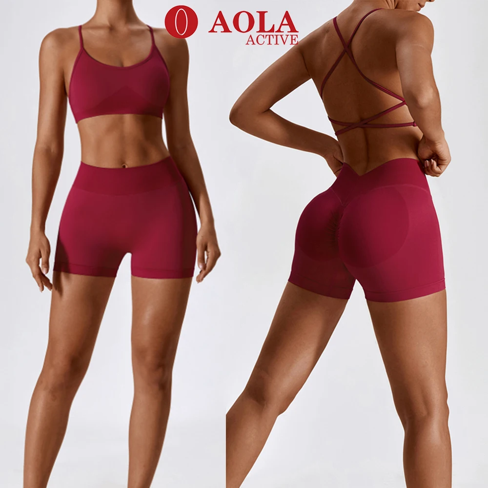 

AOLA Wholesale Sportswear Fitness Shorts 2 Piece Premium Yoga Sets Active Wear Set Women Gym V Cut Shorts