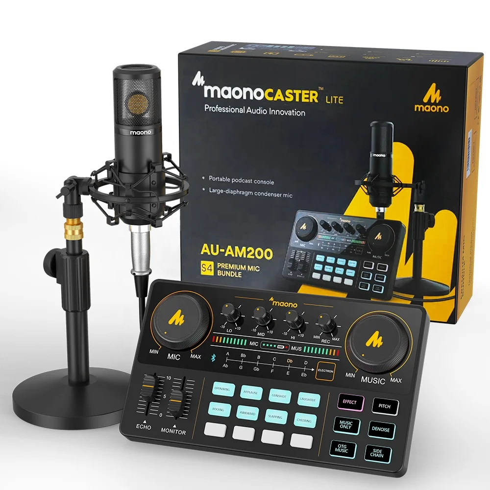 

MAONOCASTER Lite AM200S4 Professional Sound Card with 25mm Condenser Studio Microphone for Broadcasting Audio Interface Mixer, Black