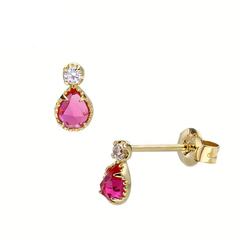 

HYH trendy earrings jewelry 9K real gold cute solid gold Red corundum earrings, 9k gold