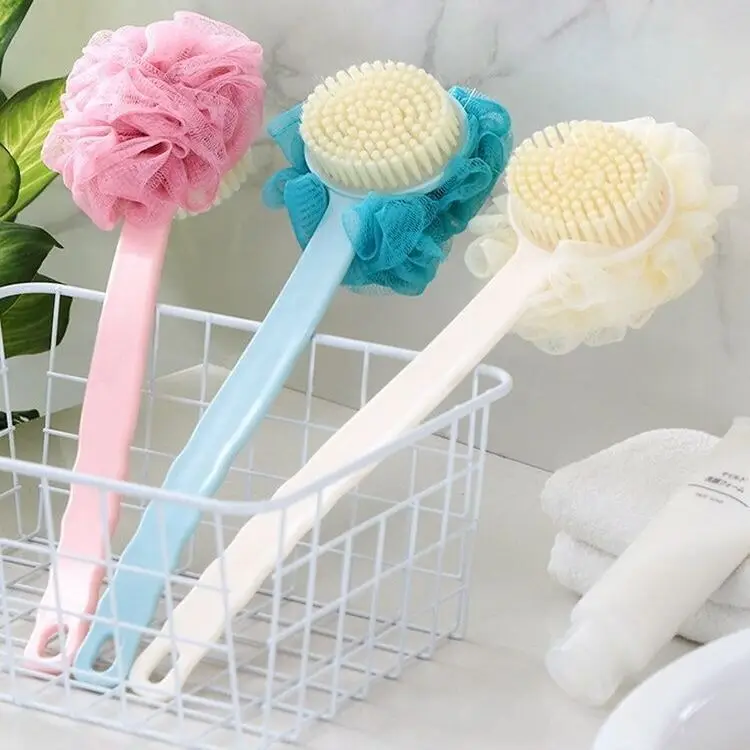 

Double face sponge mesh long handle skin friendly exfoliate fashion shower bath brush bath body brush with handle plastic, 2colors