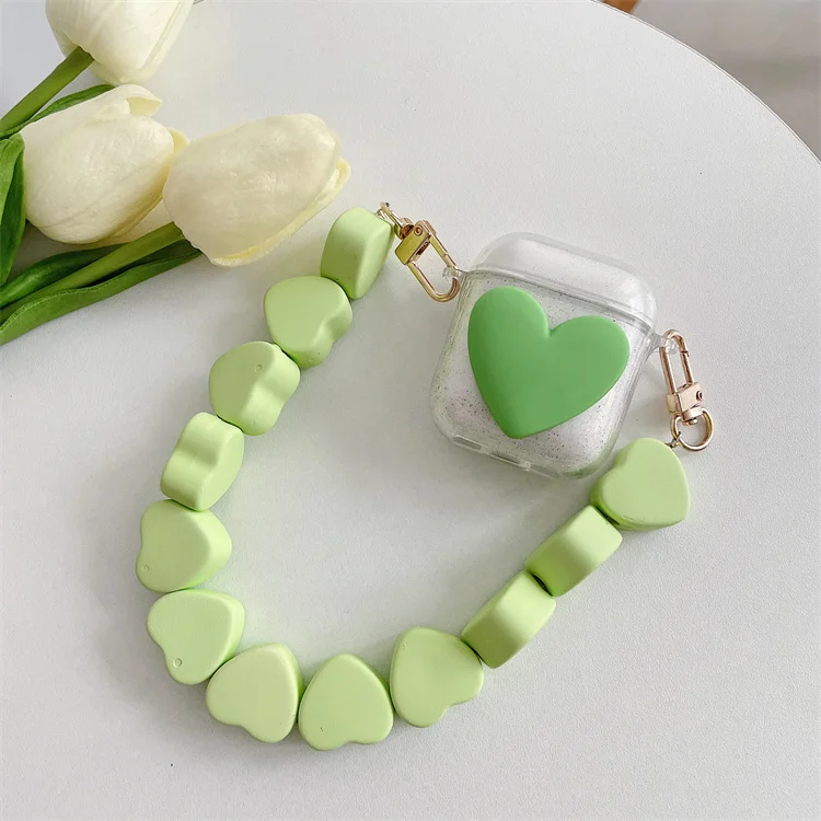 

Hot Selling Luxury Cute Girl Candy Green Heart Design with Chain Soft TPU Case for Airpods 1 2 and Pro for Air pods 1 2 3