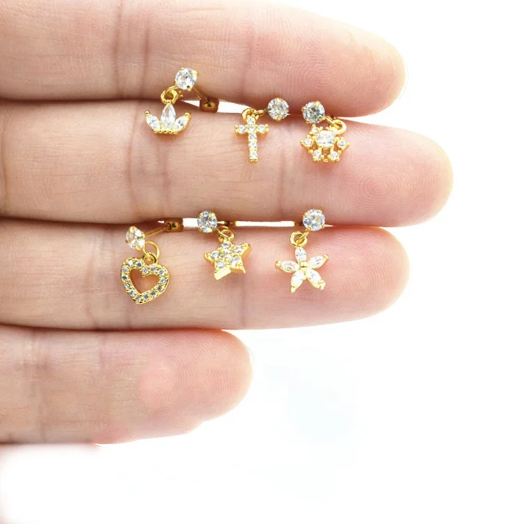 

Fashion new popular real gold plated not fade cute cross star micro inlay zircon stainless steel piercing earrings jewelry