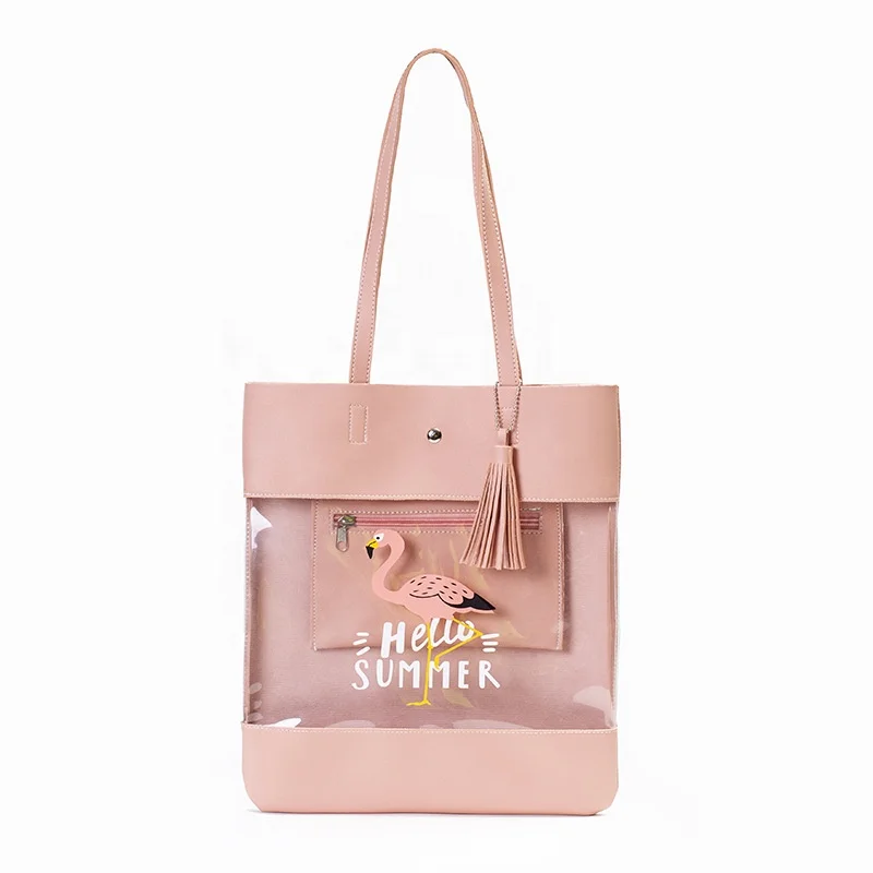 

Clear Leather Tote Shoulder Bag Flamingo Shopping Bag, Pink,blue,white