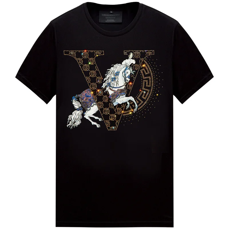 

Hot sale men t shirt short sleeve o-neck t-shirt oversize mercerized 100% cotton horse rhinestone men for graphic t shirts