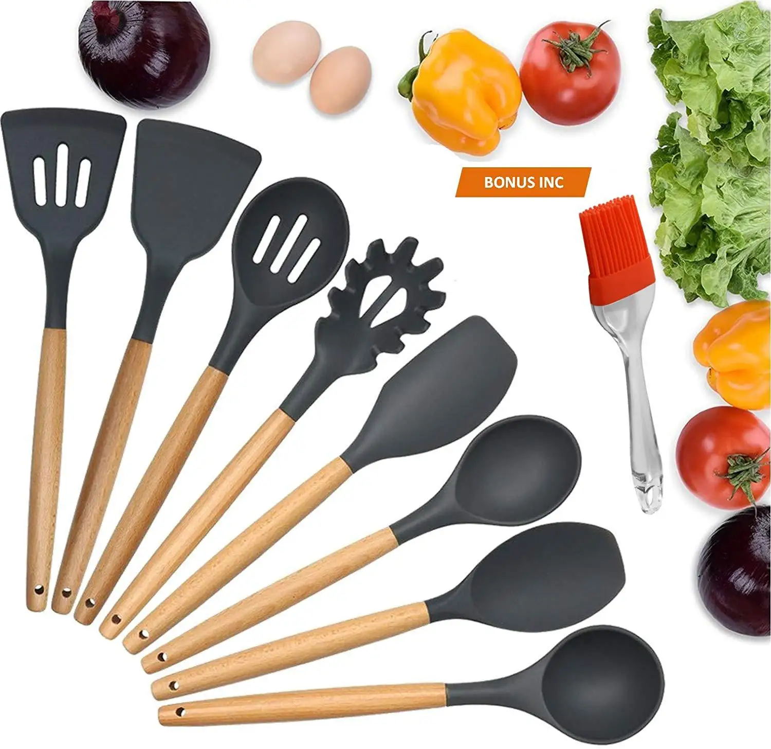 

8pcs Silicone Kitchen Utensils Set Non-toxic Kitchen Utensils Silicone with Logo, Black
