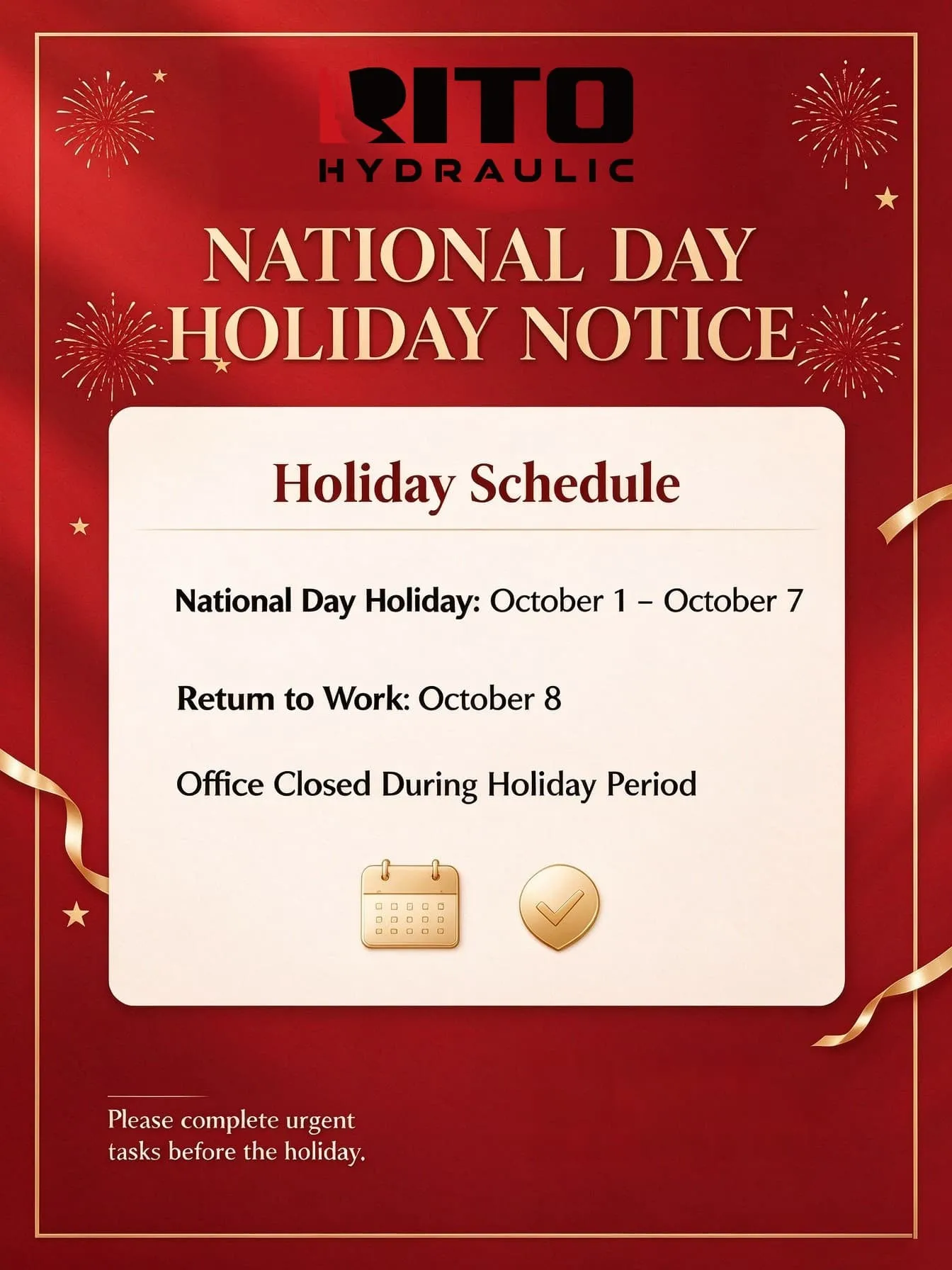 RITO Hydraulic National Day Holiday Notice 2026