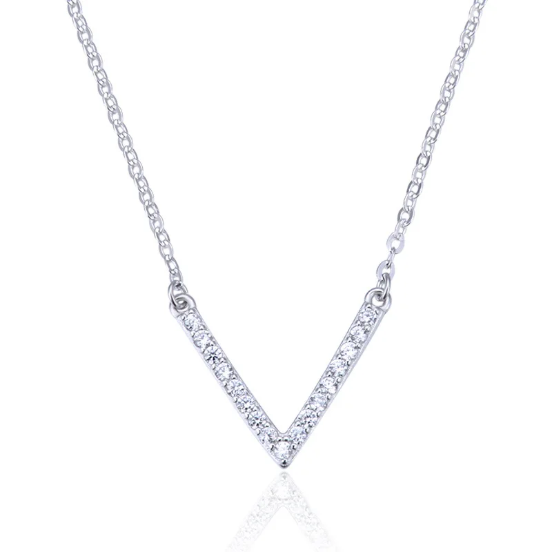 

S925 Sterling Silver Pendant Necklace Fashion Minimalist Design Zircon V-Shaped Necklace (SK970), As picture