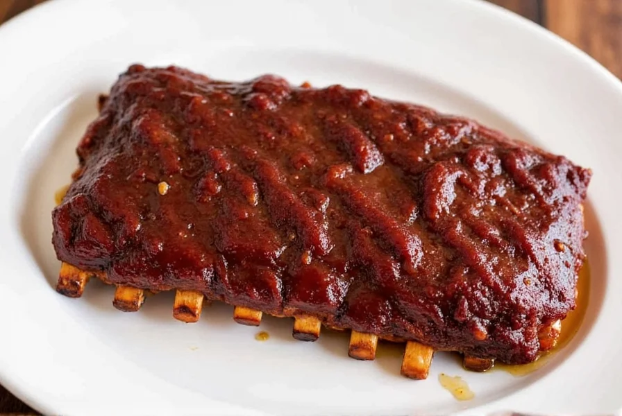 Perfectly cooked Dr Pepper slow cooker ribs with glossy glaze on white platter