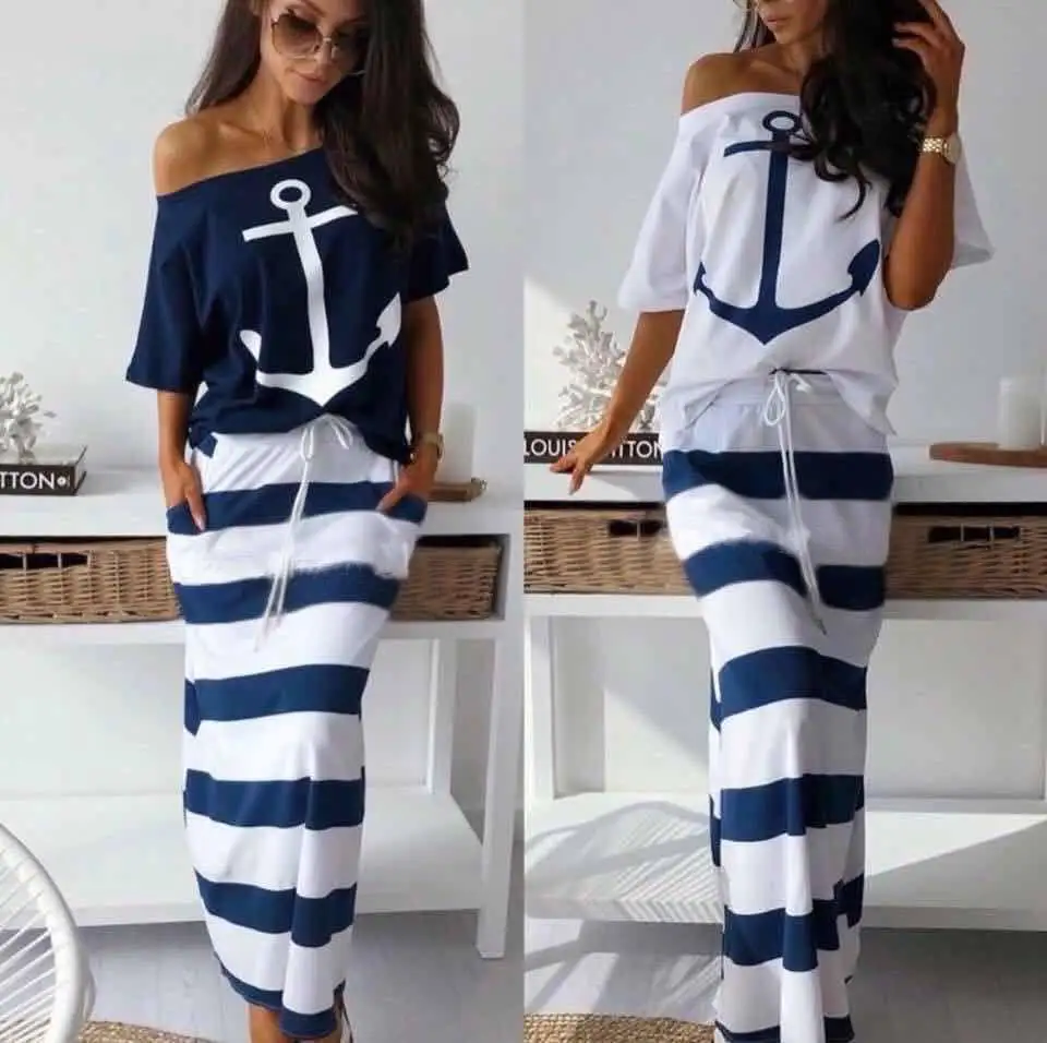 

Summer Skirt Suit Ship Anchor Print Two piece Navy Striped Skirt