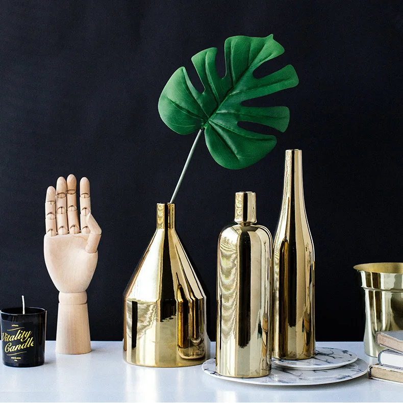 

European decoration ornaments model golden ceramic dried flower vase, Gold