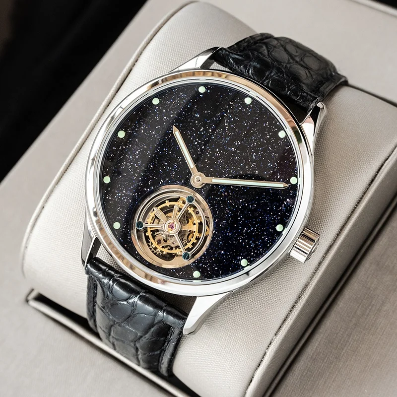 

free ship stock luxury real seagull tourbillon ST8230 hand winding mechanical Blue sandstone Starry sky dial watch for sale
