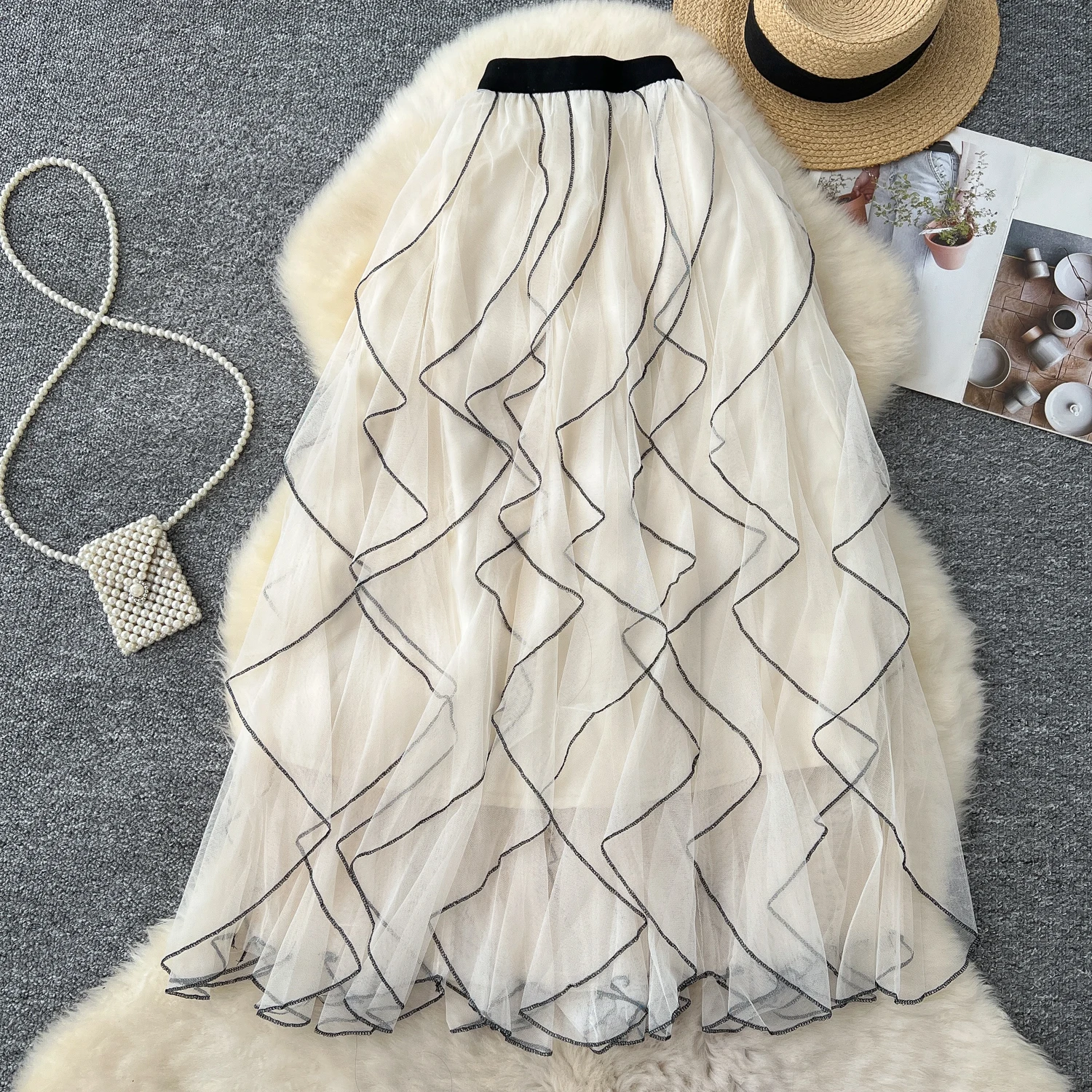 Boutique Wholesale 2026 Autumn French Mesh Elastic Waist Slimming A-line Large Swing Women's Skirt