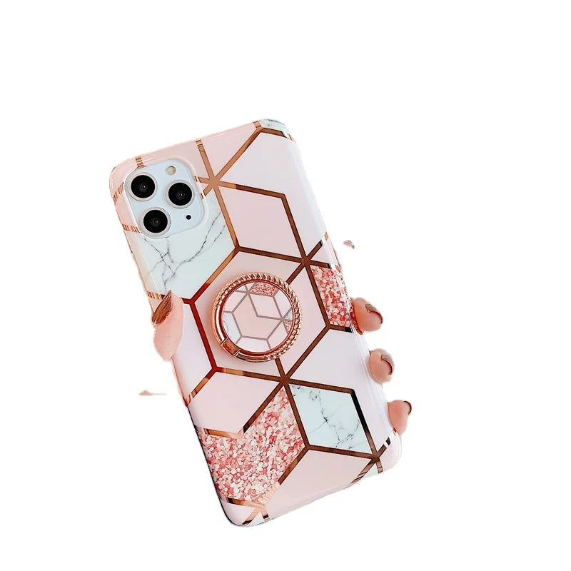 

2021 hot Pink white geometric diamond bronzing marble flower metal ring bracket for iphone mobile phone case, Various colors