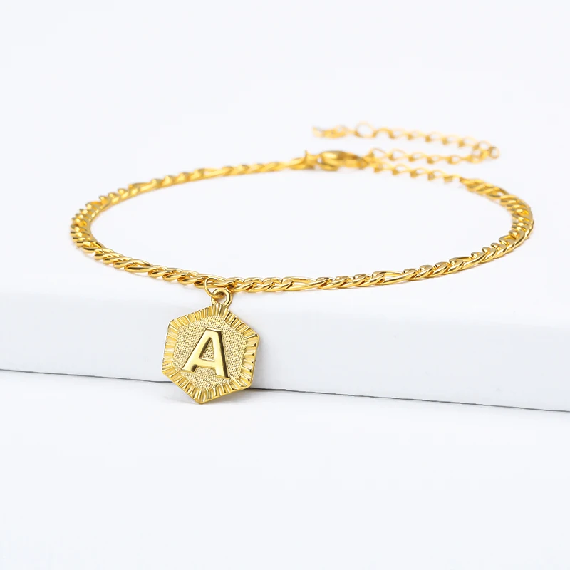 

Trendy Design Beach Foot Jewelry Gold Plated 26 Alphabets Initial Letter Bracelet Charm Stainless Steel Letter Anklet for Women, As pic or customized