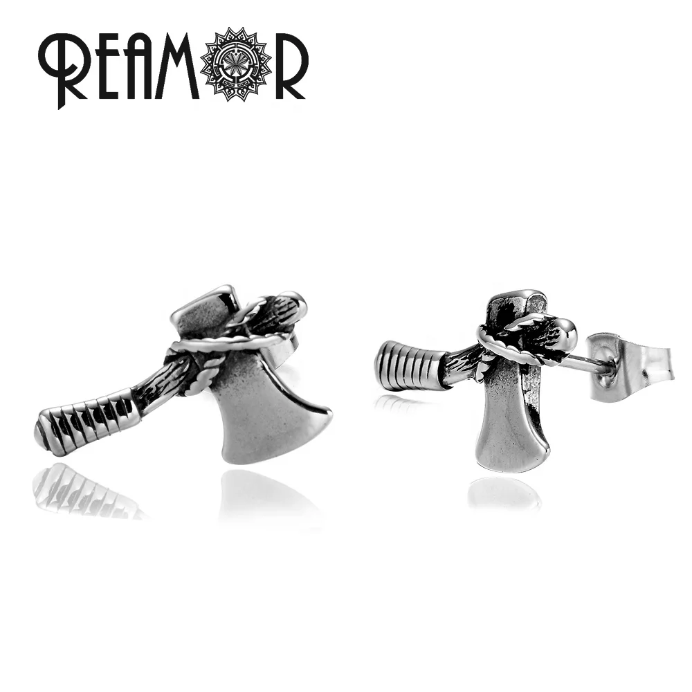 

REAMOR Men 2021 Viking Punk Warrior Logger Axe with Rope Knot 316L Stainless Steel Charm Piercing Stud Earrings Jewelry for Men, Silver color