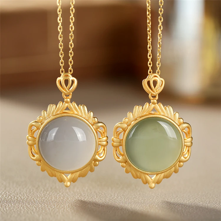 

S925 sterling silver gold-plated Hetian jade high-grade Palace personalized pattern women's pendant necklace AP2