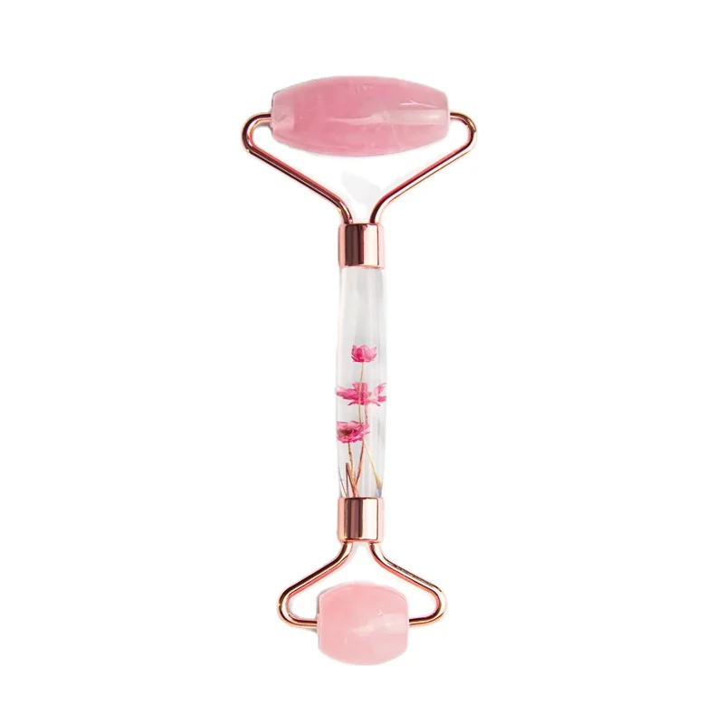 

Face lifting Natural Rose quartz jade roller with flower handle, Pink rose quartz