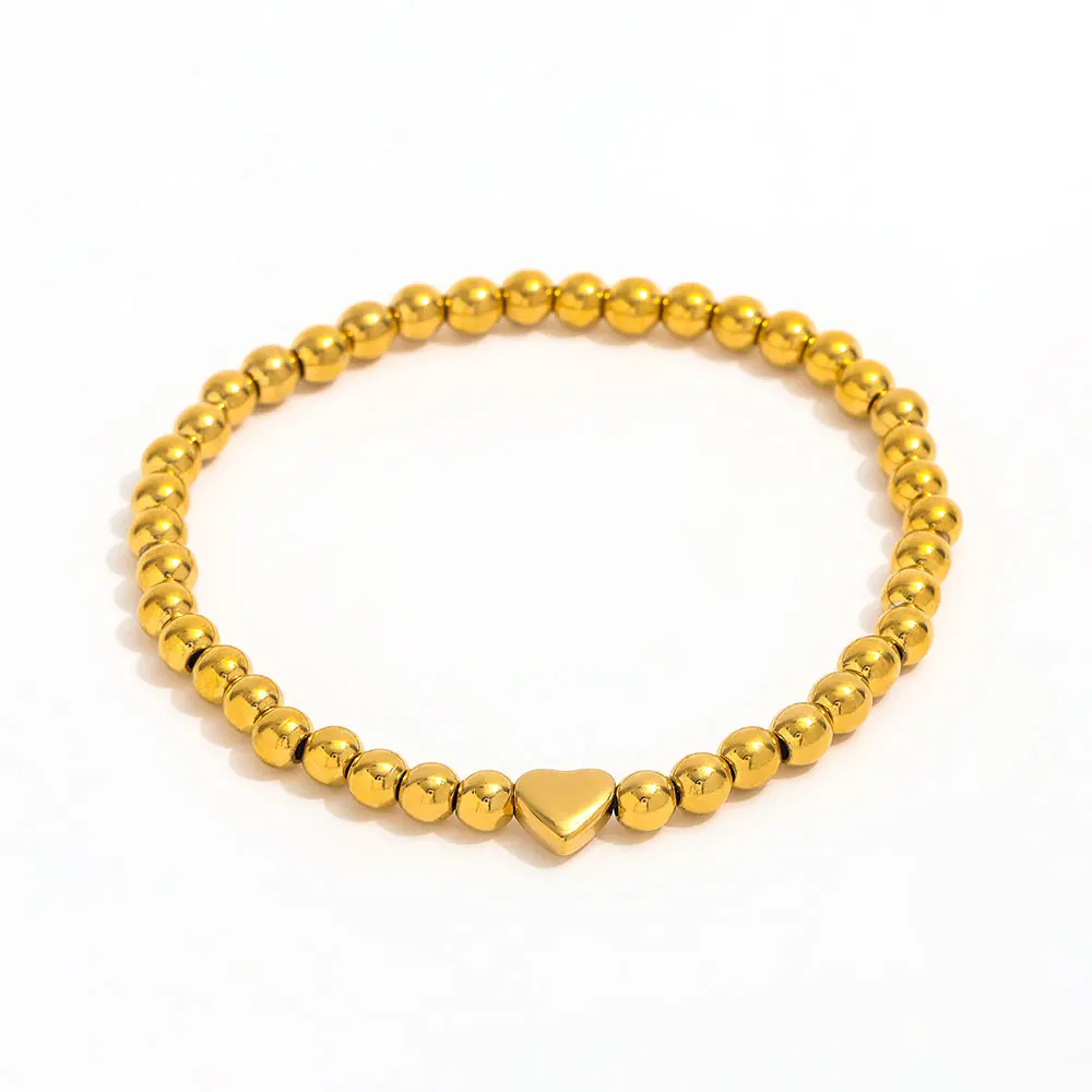 High End Gold Plated Stainless Steel Bead Chain Heart Bracelet for Women Wholesale Jewelry