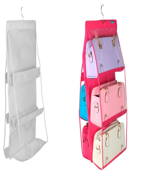 

6 Pocket Foldable Hanging Bag 3 Layers Folding Shelf Bag Purse Handbag Organizer Door Sundry Pocket Hanger Storage Closet Hanger, As photo