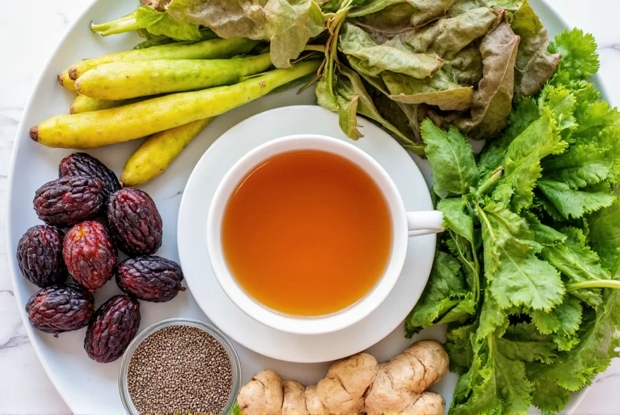 Assortment of high-fiber foods including prunes, chia seeds, and leafy greens arranged around a cup of ginger tea