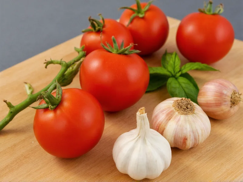 Fresh tomatoes, garlic, and basil on wooden cutting board