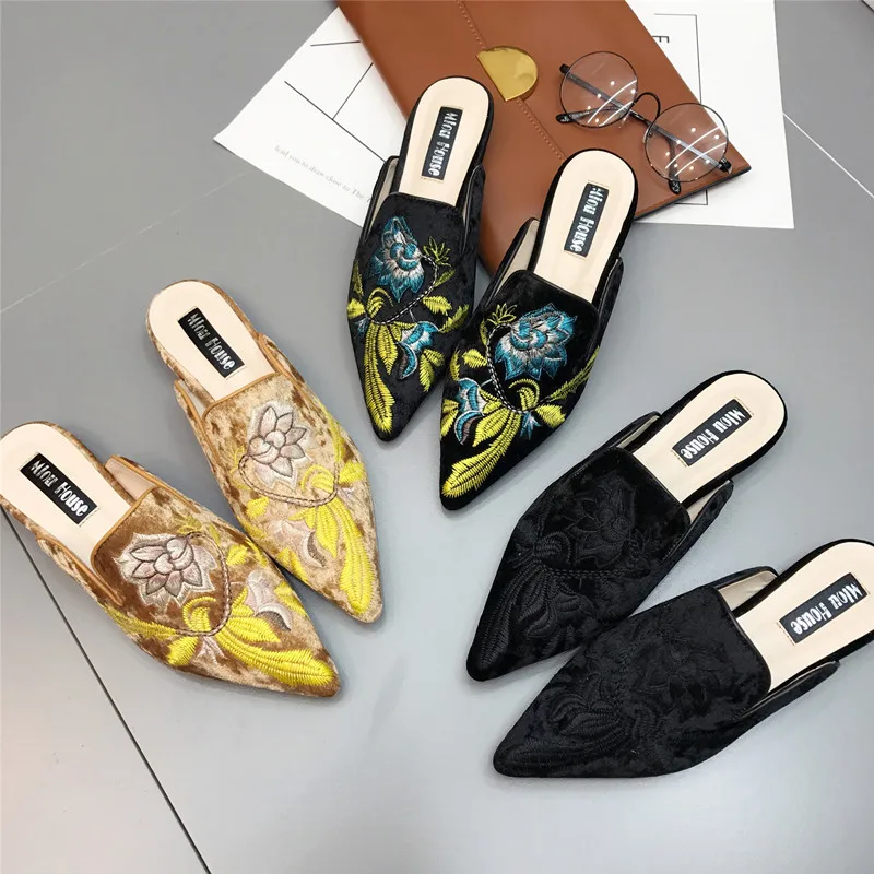 

2021 New Arrival Embroidered Suede Muller Shoes Women's Fashion Casual Pointed Toe Large Size Flat Shoes, Different colors and support to customized