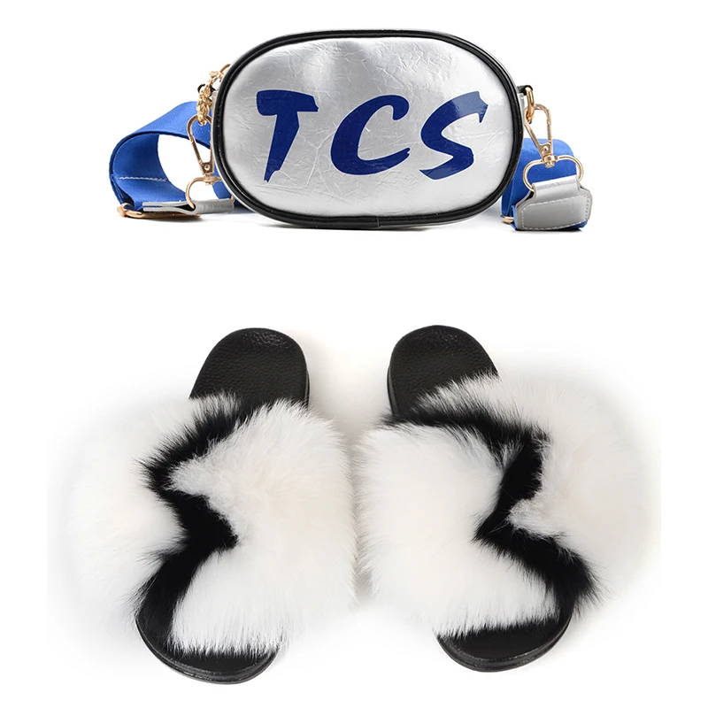 

KA bset baby lil girls kids big soft big fluffy bedroom fox solid color and multi color fur slippers slides and purse set