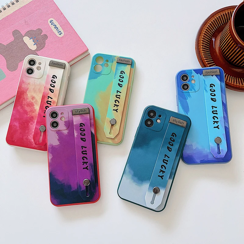 

2021 New Arrival Water Color Phone Case with Hand Strap for iPhone 12 mini 11 Pro Max