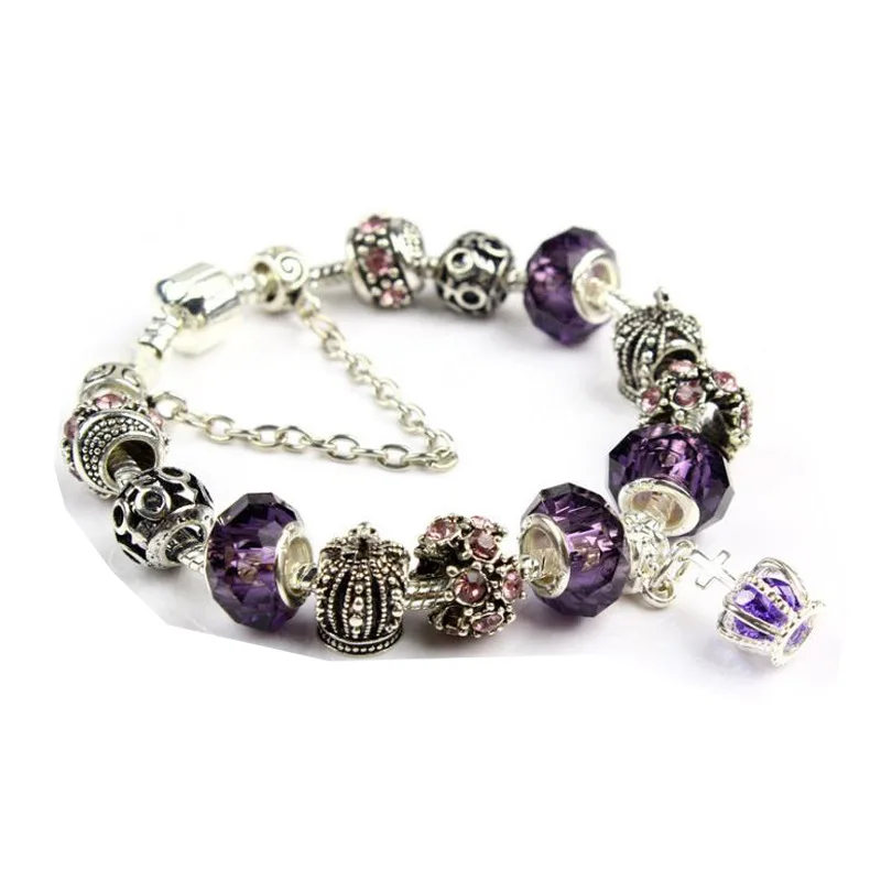 

Handmade Glazed Beads Bracelet Silver Chain w/ Crown Pendant Cuff Bangles Jewelry Designer Charms Bracelet for DIY Women's