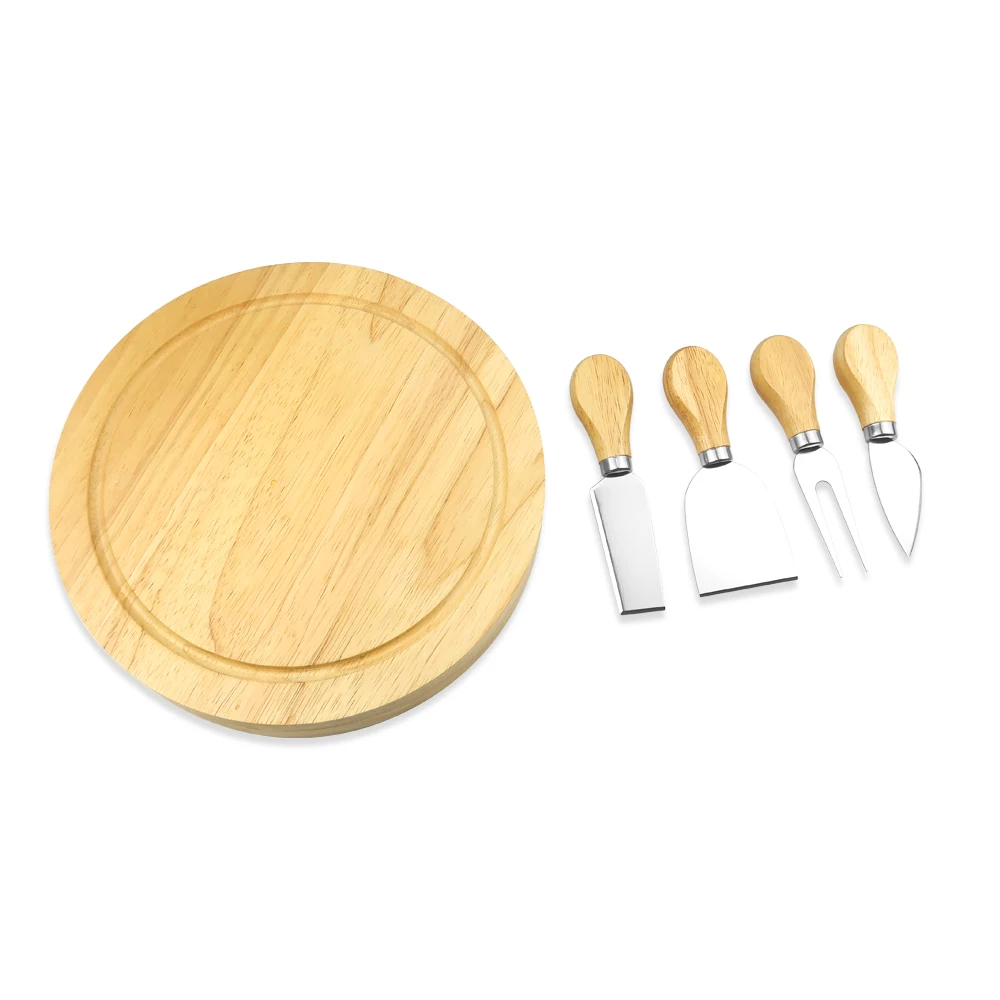 

2020 New Design Wholesale Rubber Wood Round Cheese Board Set with Knives