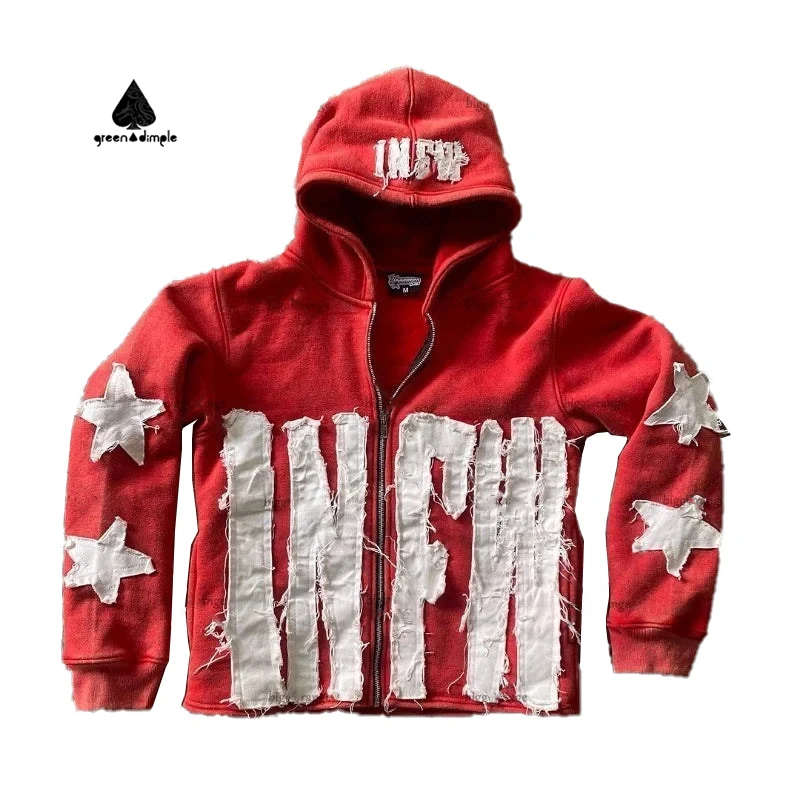 Vintage Loose Vintage Long Sleeved Pullover Hoodie for European American Sweatshirt Patchwork Letters Star Hooded Front Winter