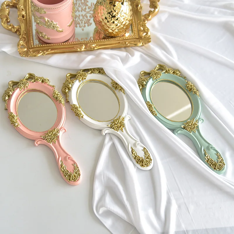 

Vintage shabby chic wedding favors Rose Hand held mirror pink blue white gold, Antique gold/black/pink