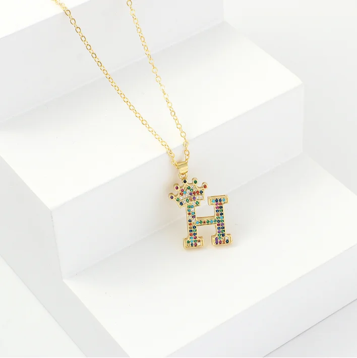 

Color Zircon Crown Gold Plated 26 English Alphabet Letter Pendant Necklace Jewellery