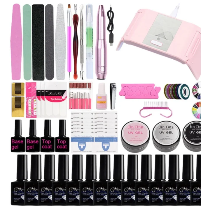 

Jinyi 24W Mini UV Led Nail Lamp Drill Extension Polish Glue Manicure Acrylic Nail Kit Professional Decoration Tools Set, Pink