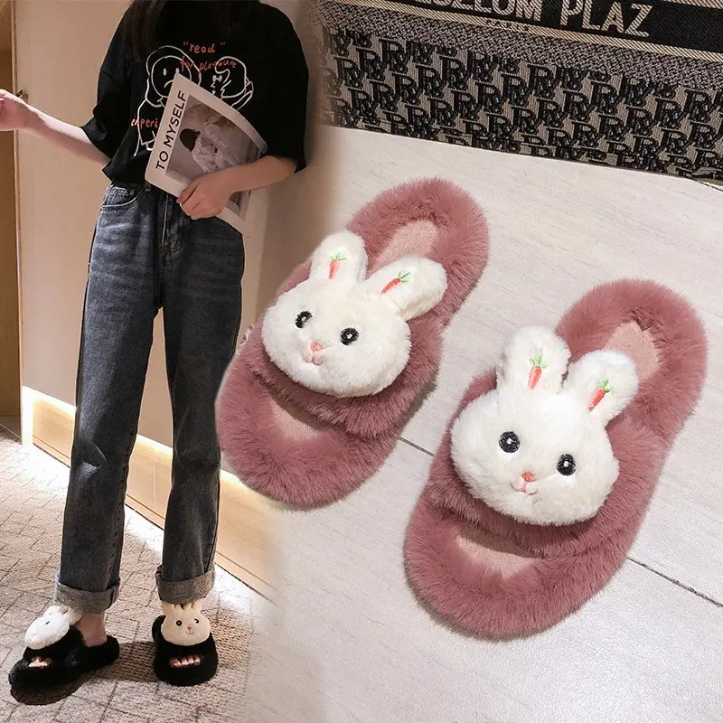 

Wholesale Ladies Fluffy Solid Lovely Soft Rabbit Pattern Sandals Indoor Outdoor Home Flat Women House Slippers, Picture