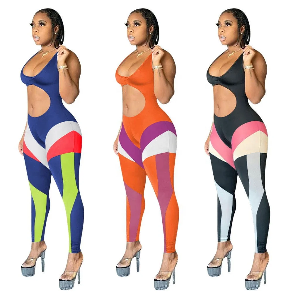 

Ladies Color Block Sexy Cut Out Active Wear Skinny Slim Jumpsuit, Blue,orange,black