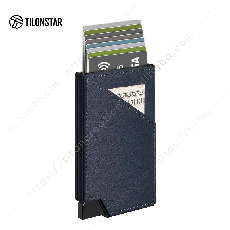 

Best Selling Men Slim Minimalist RFID Blocking Aluminum Pop Up Card Holders Leather Card Holder Wallet