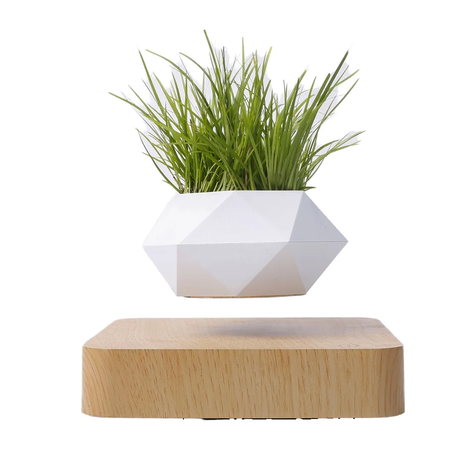 Magnetic Levitation Wooden Grain Base Hexagonal Flowerpot Floating Bonsai for Home & Garden Modern Indoor Plant Pot