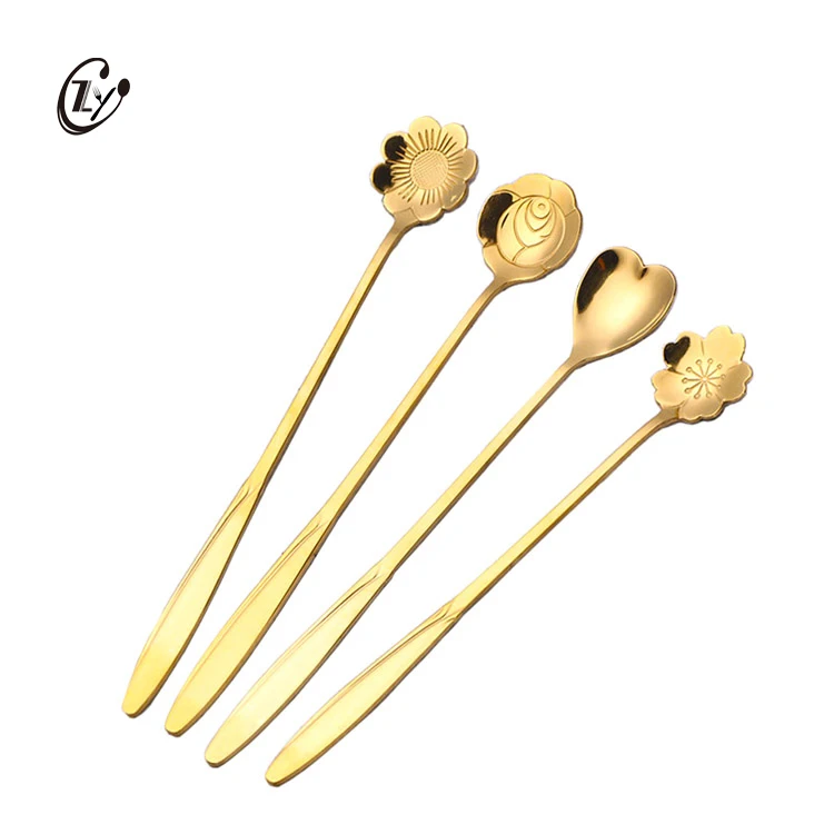 

Flower Shape Stainless Steel 410 Long Handle Mixing Iced Tea Coffee Cocktail Stirring Spoon, Gold